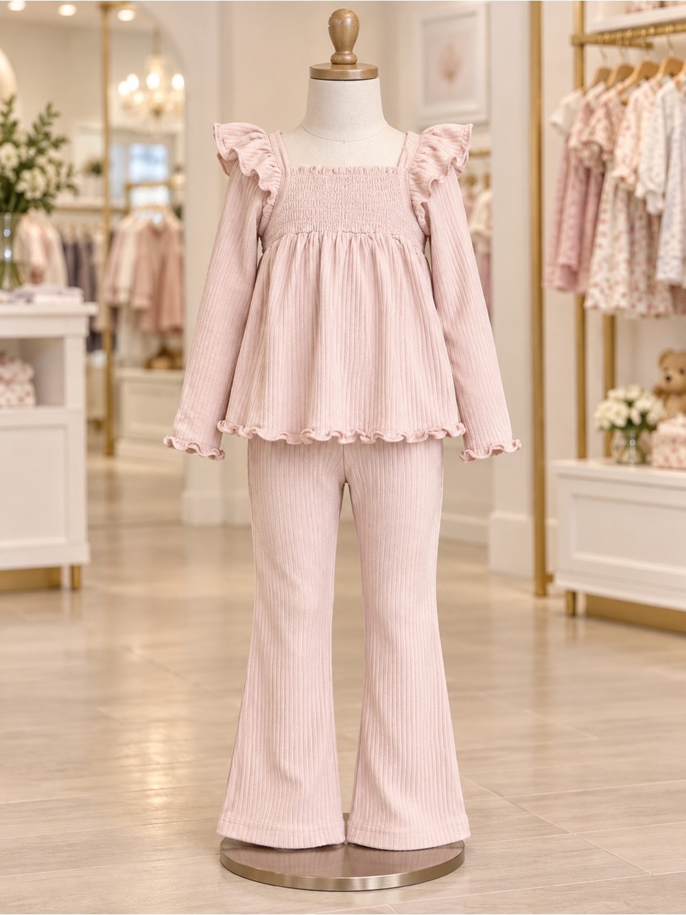 Girls' Smocked Ruffle Pajama Set in Light Pink